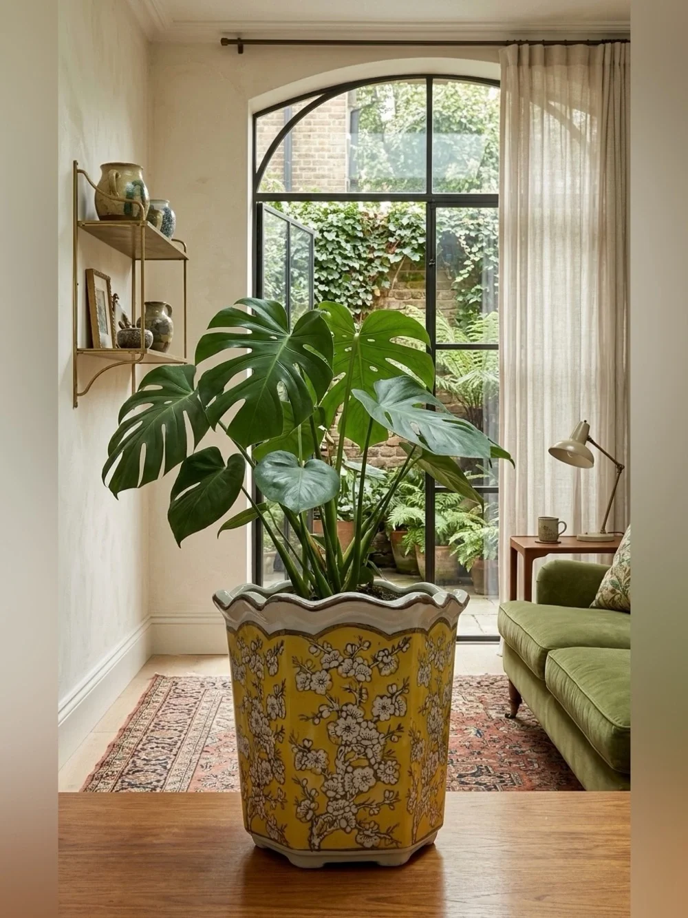 Yellow Cherry Blossom Planter with Drainage Hole, 7 Inch Ceramic Flower Pot